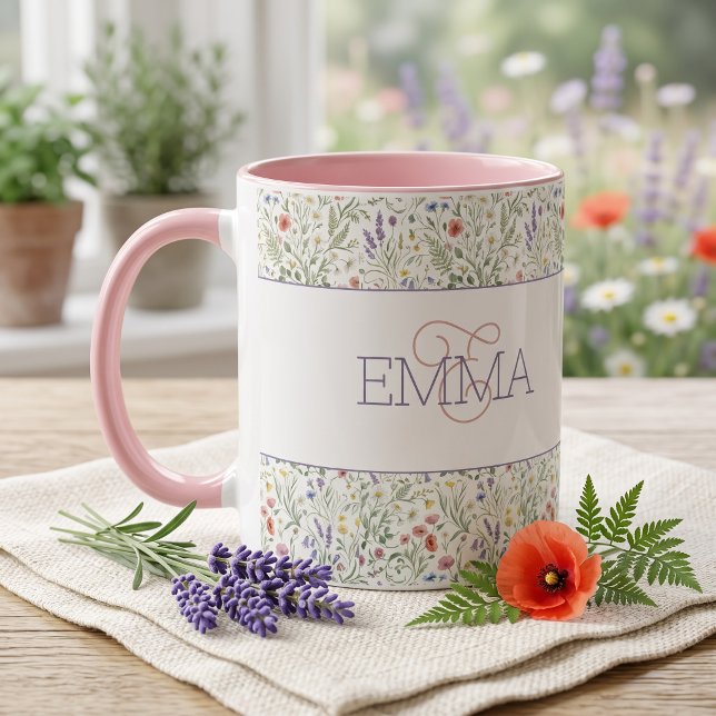 Monogramm Name Boho Lavendel Wildblumen Muster Tasse (Von Creator hochgeladen)