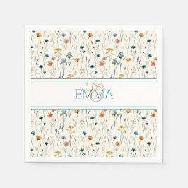 Monogramm Name Boho Wildblumen Muster Orange Teal Serviette