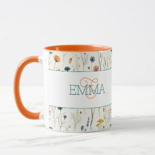 Monogramm Name Boho Wildblumen Muster Orange Teal Tasse