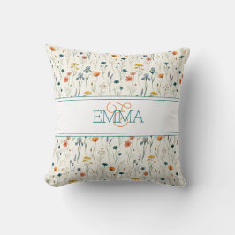 Monogramm Name Boho Wildflower-Muster Orange Teal Kissen