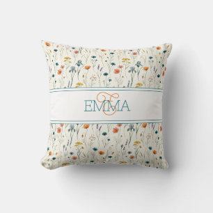 Monogramm Name Boho Wildflower-Muster Orange Teal Kissen