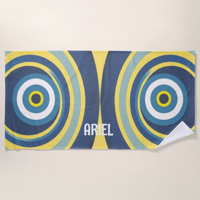 Monogramm Name Böser Blick Moderne Retro-Strandtuc Strandtuch (Vorderseite)