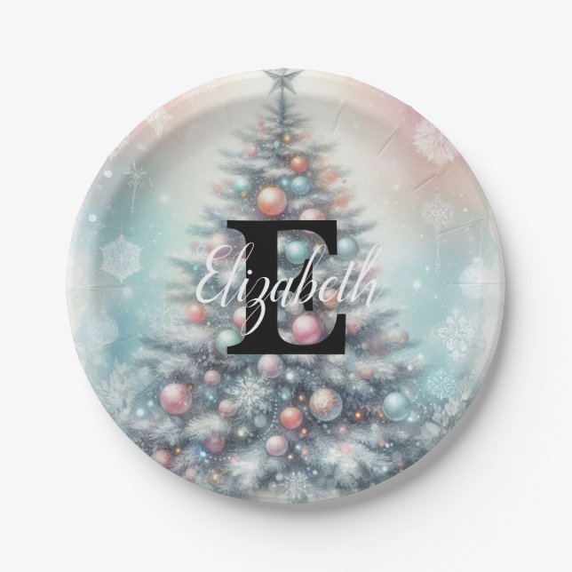 Monogramm-Name-Christbaum-Blumen-Wasserfarbe Pappteller (Vorderseite)