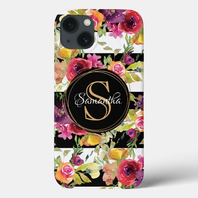 Monogramm Name des Girly Burgundy Floral Pattern S Case-Mate iPhone Hülle (Rückseite)