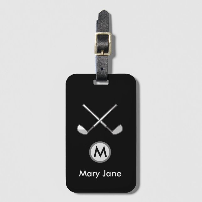 Monogramm Name des Golfspiels auf schwarz für Golf Gepäckanhänger (Vorderseite Vertikal)