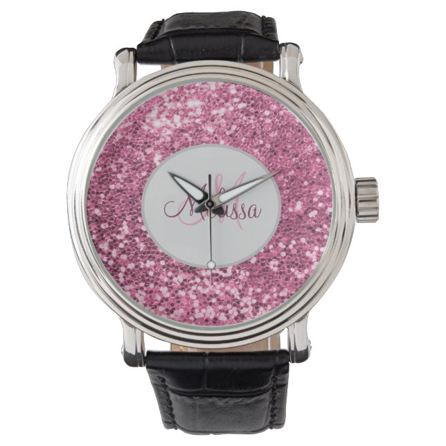 Monogramm-Name des Hübschen Glitzer, Blush Pink Armbanduhr (Vorderseite)