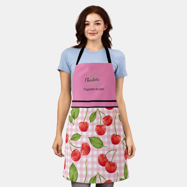 Monogramm-Name des modernen Cherry-Musters Rosa Schürze (Getragen)