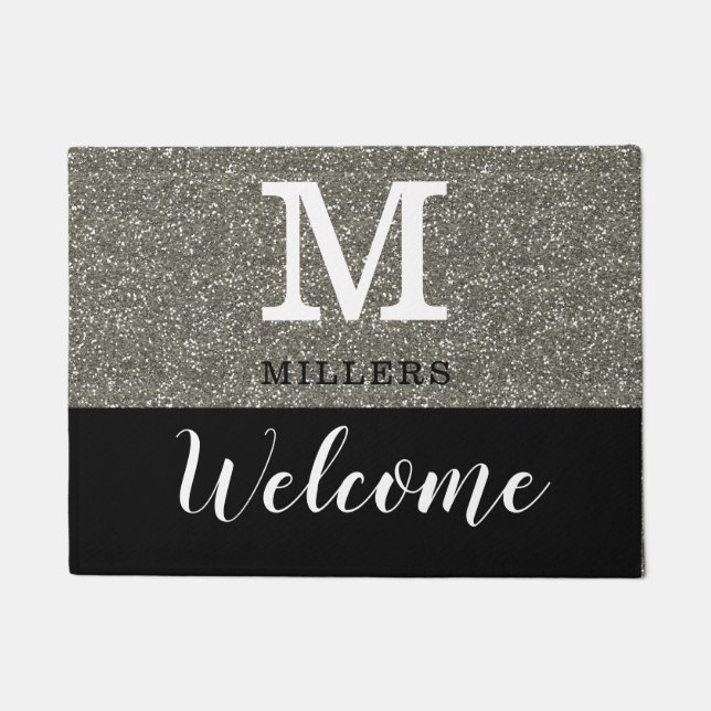 Monogramm-Name des Schwarz-Silber-Glitzer Fußmatte (Vorderseite)