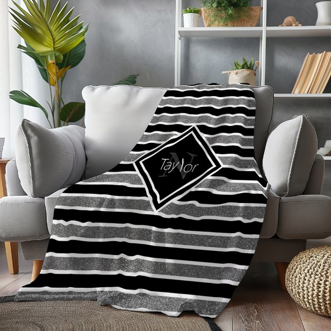 Monogramm Name des schwarzen grauen Glitzer Streif Fleecedecke (Von Creator hochgeladen)