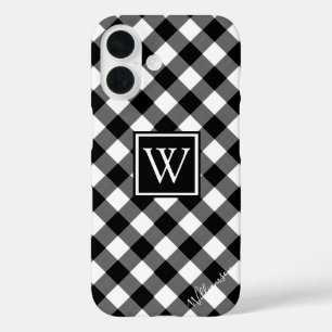 Monogramm/Name des Schwarzweiß-Buffalo-Karos iPhone 16 Hülle