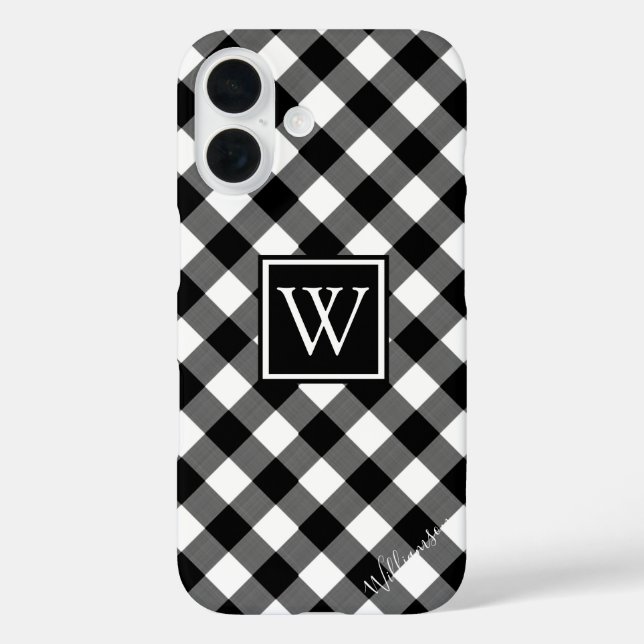 Monogramm/Name des Schwarzweiß-Buffalo-Karos iPhone 16 Hülle (Rückseite)