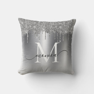 Monogramm Name des Silver Metal-Glitzer-Tropfens Kissen