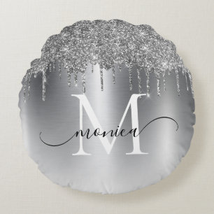 Monogramm Name des Silver Metal-Glitzer-Tropfens Rundes Kissen