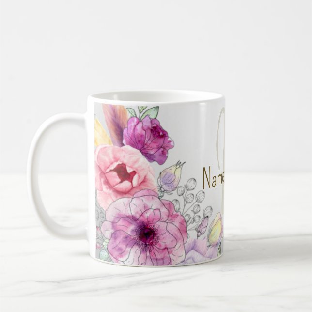 Monogramm Name farbenfroh rosa Blütensilber Kaffeetasse (Links)