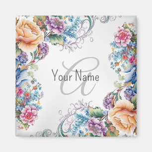 Monogramm Name farbenfrohe Blumenrahmen Elegant Mo Magnet