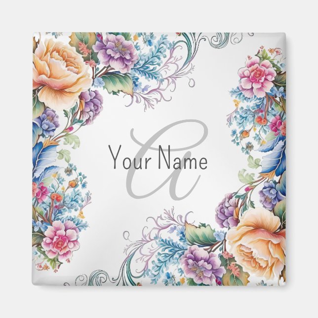 Monogramm Name farbenfrohe Blumenrahmen Elegant Mo Magnet (Vorne)