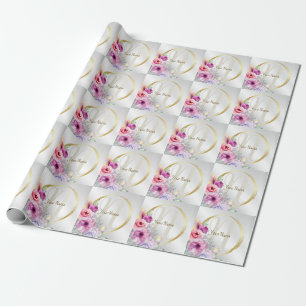 Monogramm Name Farbrosa Blütengoldene Rahmen Geschenkpapier