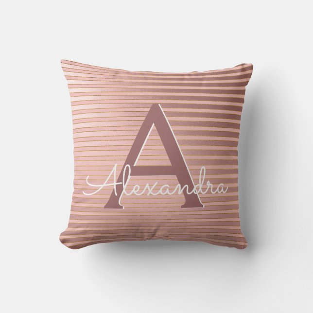 Monogramm-Name für Rosa und goldfarbene Streifen Kissen (Vorderseite)
