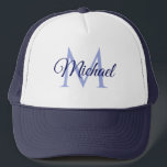 Monogramm Name für sie für ihn weiß und Marine Truckerkappe<br><div class="desc">Monogram Name für sie für seine weiße und Navy Template Unisex Elegant Trendy Trucker Hut.</div>