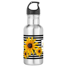 Monogramm Name Gelbe Blume Schwarzer Streifen Edelstahlflasche