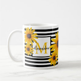 Monogramm Name Gelbe Blume Schwarzer Streifen Kaffeetasse