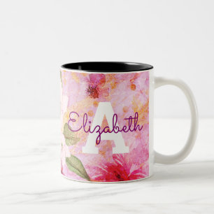 Monogramm-Name Gold Rosa Floral Vintage-Wasserfarb Zweifarbige Tasse