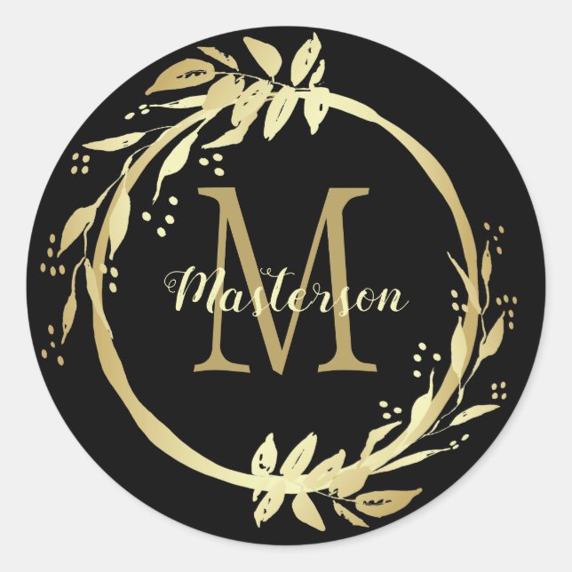 Monogramm Name Gold Schwarzer Weihnachtsbrand Runder Aufkleber (Vorderseite)