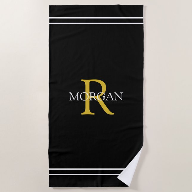 Monogramm/Name Gold/Wht Text, schwarze Streifen Strandtuch (Vorderseite)