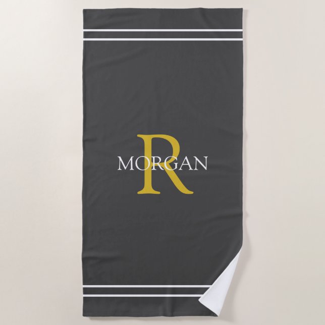 Monogramm/Name Gold/Wht Text Whit Stripes, dunkelg Strandtuch (Vorderseite)