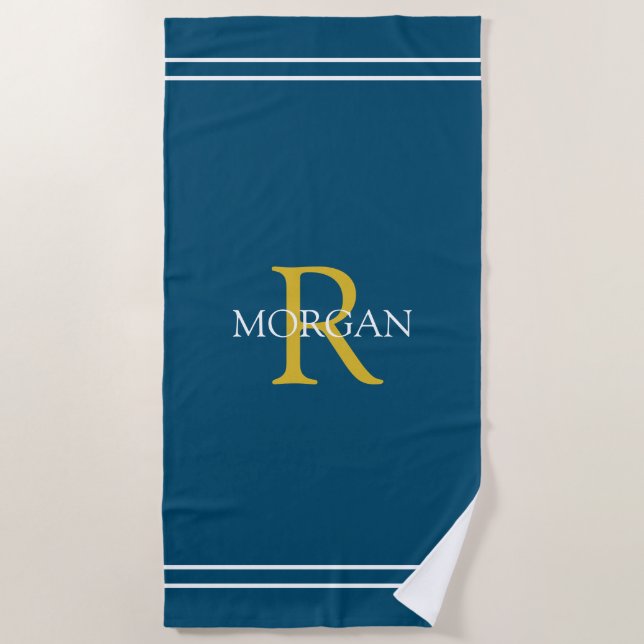 Monogramm/Name Gold/Wht Text Whit Stripes Ocean Bl Strandtuch (Vorderseite)