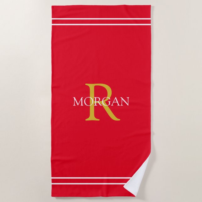 Monogramm/Name Gold/Wht Text, Whit Stripes, Rot Strandtuch (Vorderseite)