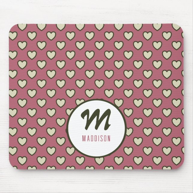 Monogramm Name Green Red Hearts Muster Mouse Pad Mousepad (Vorne)