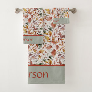 Monogramm Name Herbstblätter Grün Orange Rot  Badhandtuch Set