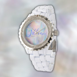Monogramm Name in blau auf Perlmutt | Armbanduhr