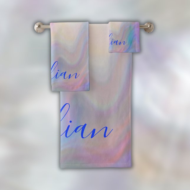 Monogramm Name in blau auf Perlmutt | Badhandtuch Set (Von Creator hochgeladen)