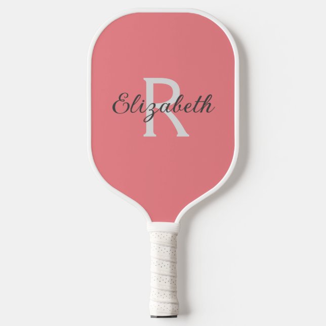 Monogramm Name Initial Pink Coral Gray White Pickleball Schläger (Vorderseite)