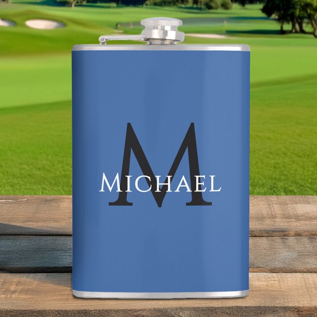 Monogramm Name Initial Schwarz Blau Maßgeschneider Flachmann (Monogrammed Name Initial Black Blue Custom Flask)