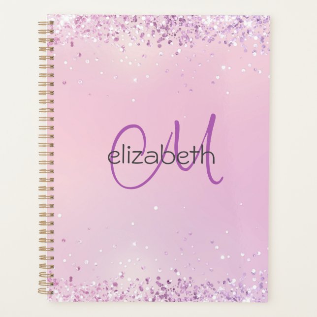 Monogramm Name Initialen Pink Lila Glitter Planer (Vorderseite)