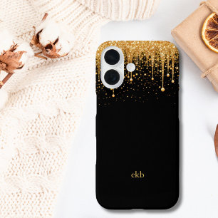 Monogramm-Name-Initialen Schwarz Gold tropfender G iPhone 16 Hülle