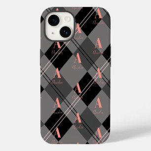 Monogramm Name Kariert Grau Schwarz Rosa iPhone 14 Hülle