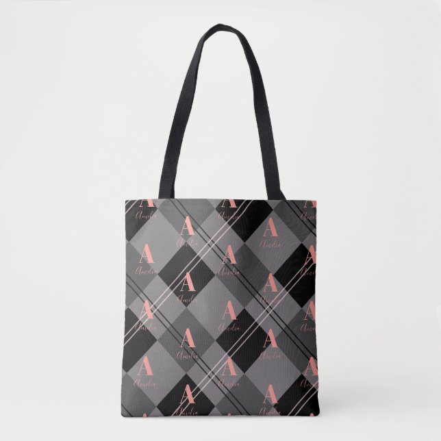 Monogramm Name Kariertes Muster Grau Schwarz Rosa Tasche (Vorderseite)