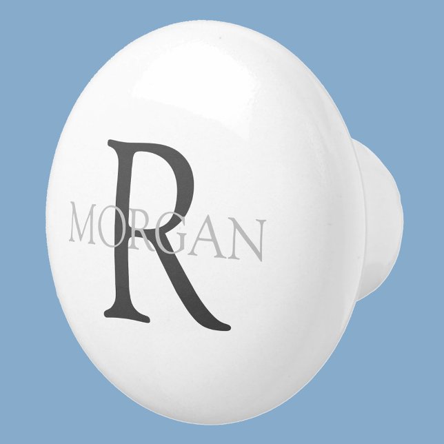Monogramm & Name, Klassisch Weiß mit grauem Text Keramikknauf (Von Creator hochgeladen)