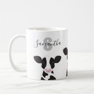 Monogramm Name Kuh Graues Schwarz-weißes Tier Kaffeetasse