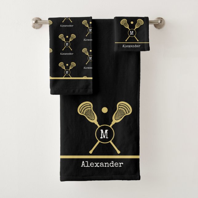 Monogramm Name Lacrosse Gold Black Badhandtuch Set (Insitu)