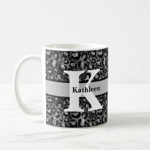 Monogramm Name Leopardenprint Schwarz Silber Grau  Kaffeetasse