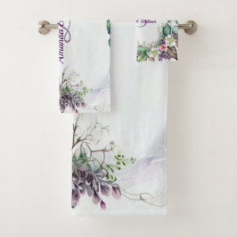 Monogramm Name Lila florale grüne Folien rustikal Badhandtuch Set