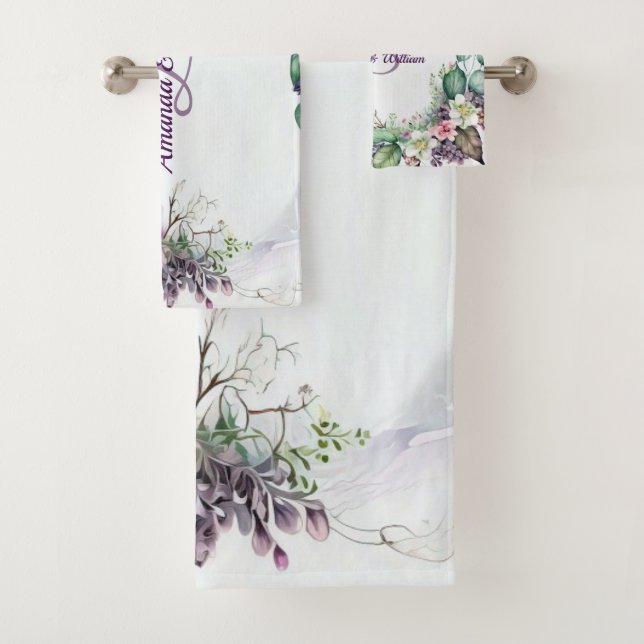 Monogramm Name Lila florale grüne Folien rustikal Badhandtuch Set (Insitu)
