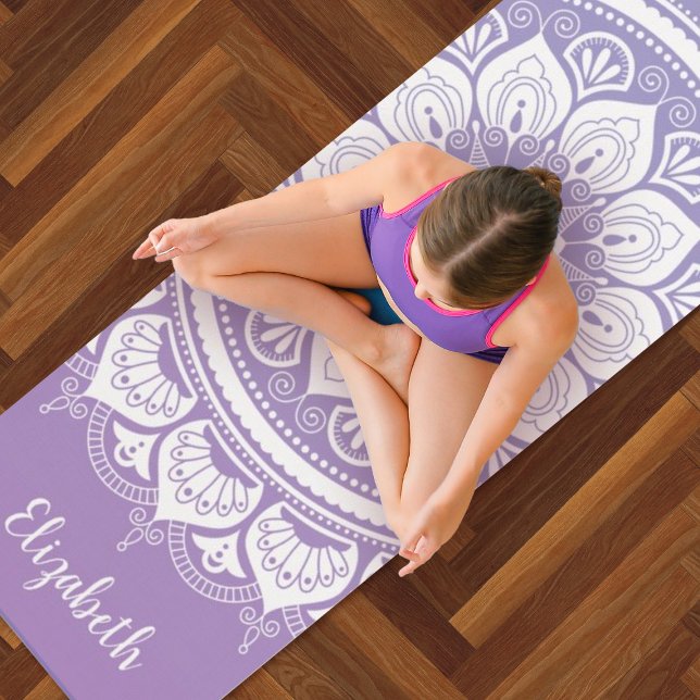 Monogramm Name Lila Mandala Om Yoga Mat Yogamatte (A pretty purple and white mandala yoga exercise mat. Personalize it with your name.)