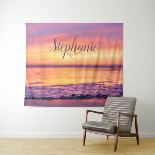 Monogramm Name Lila Orange Ozeanwelle Sonnenunterg Wandteppich