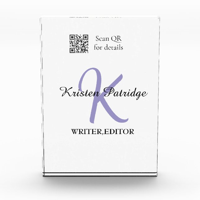 Monogramm-Name lila Schriftsteller editper QR-Code Fotoblock (Vorderseite)
